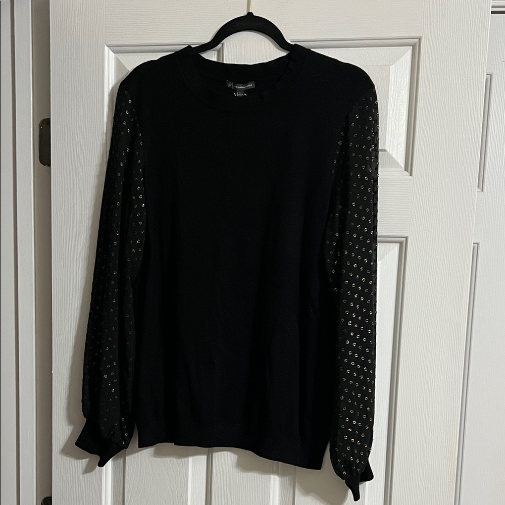 NWT Adrianna Papell Black and Gold Long Sleeve Sheer Sleeve Polka Dot Sweater